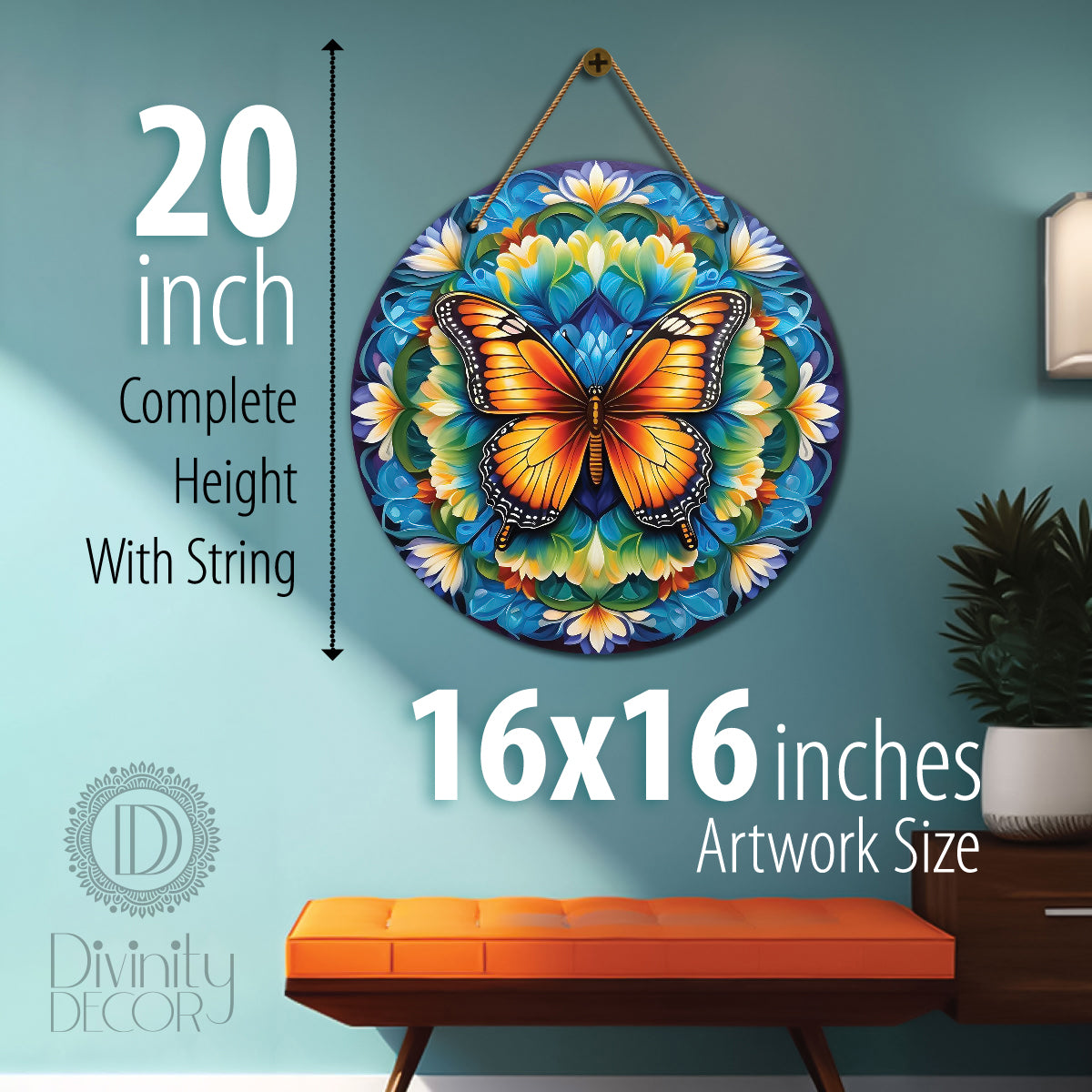 Butterfly in blue and white mandala Round Wooden Wall Hanging for wall Décor - Design - 221