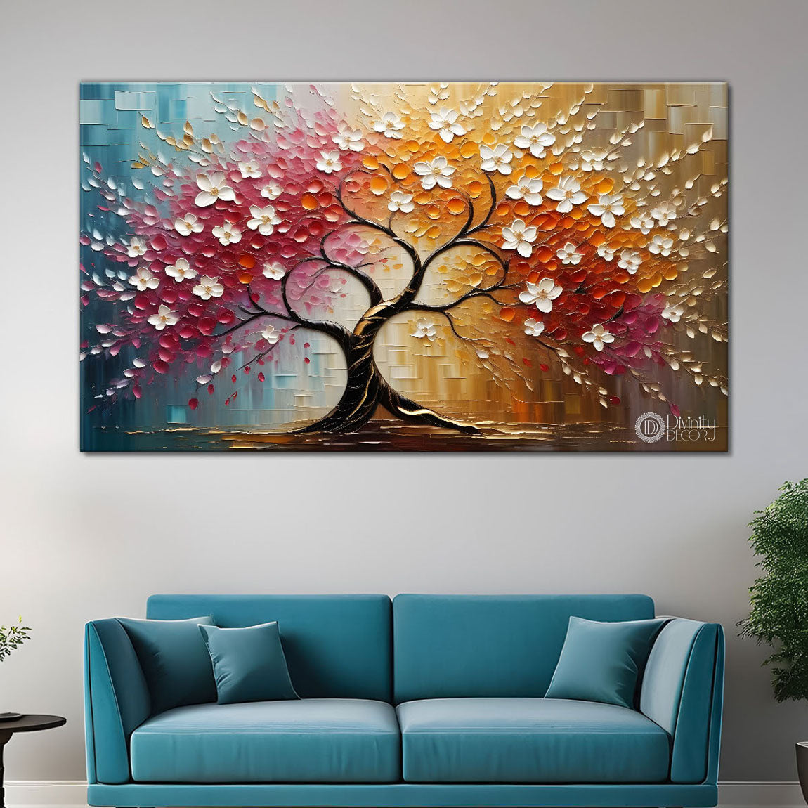White flower tree in textured background oil painting- Design - Tree-223