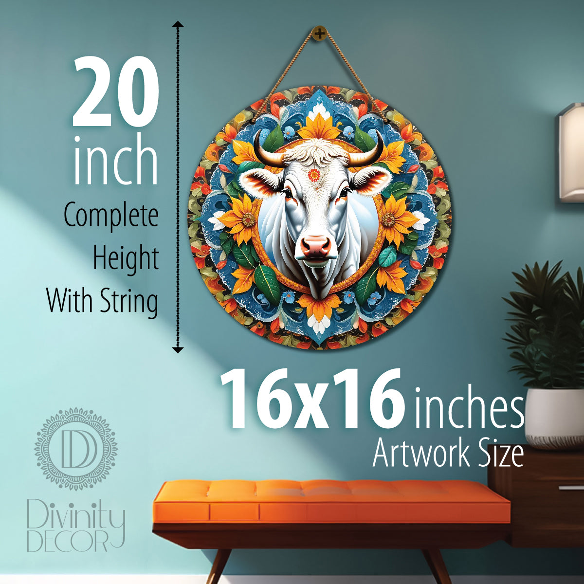 Cow in yellow and blue mandala Round Wooden Wall Hanging for wall Décor - Design - 223