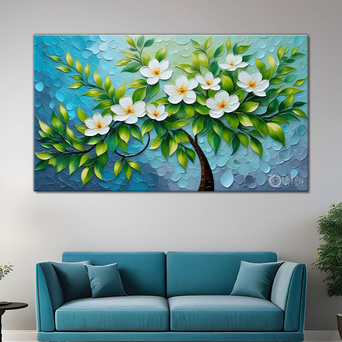 White flower tree in textured background oil painting- Design - Tree-224