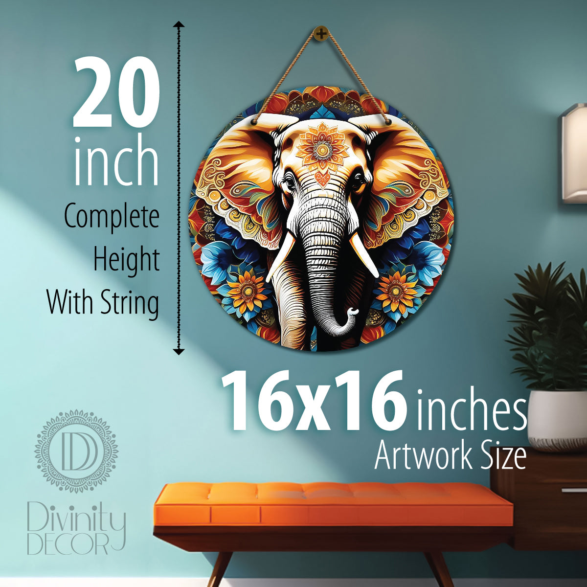 Elephant in blue and golden mandala Round Wooden Wall Hanging for wall Décor - Design - 224