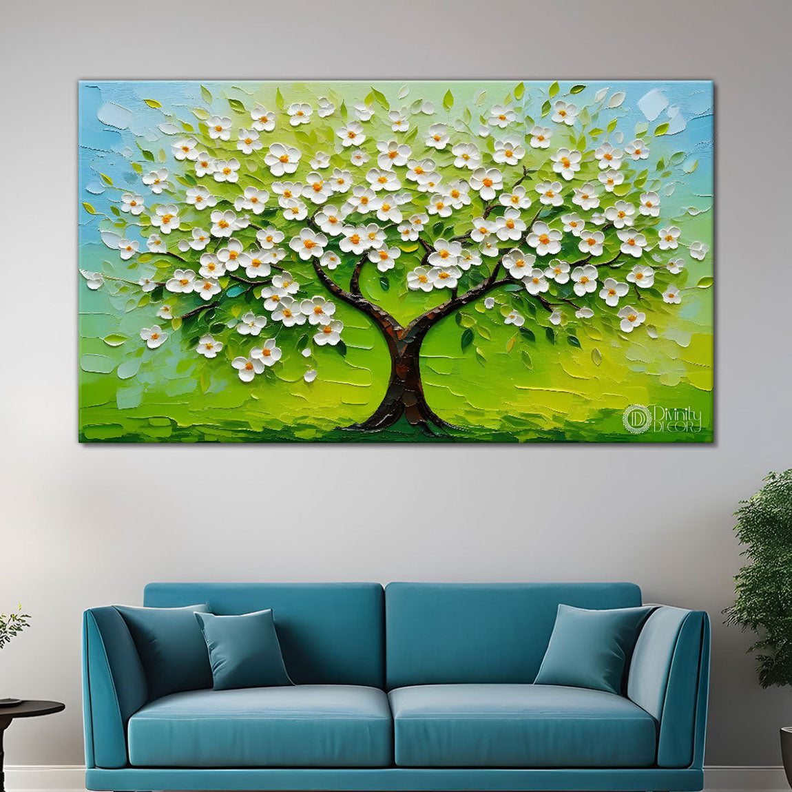 White flower tree in textured background oil painting- Design - Tree-225