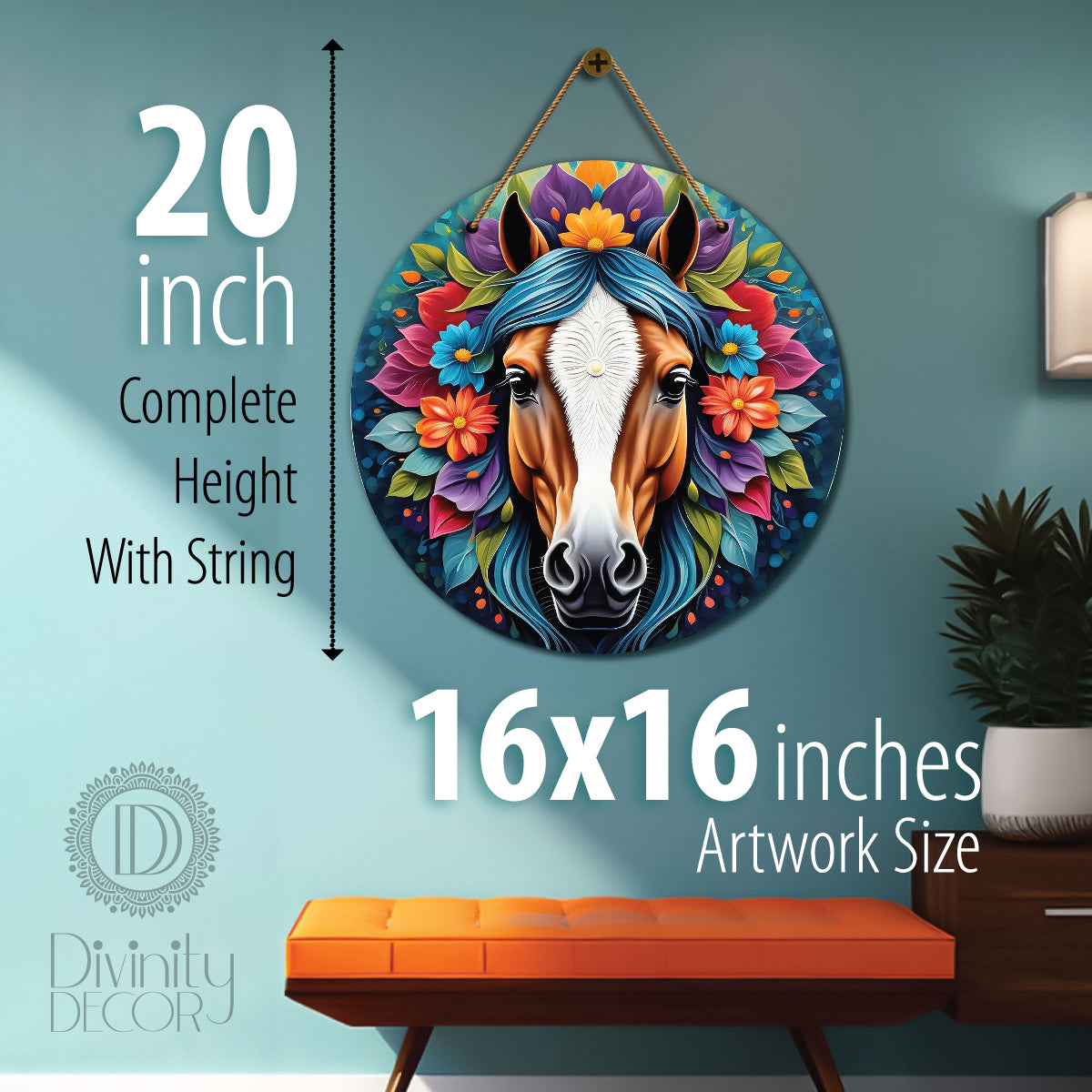Horse in blue and pink mandala Round Wooden Wall Hanging for wall Décor - Design - 226