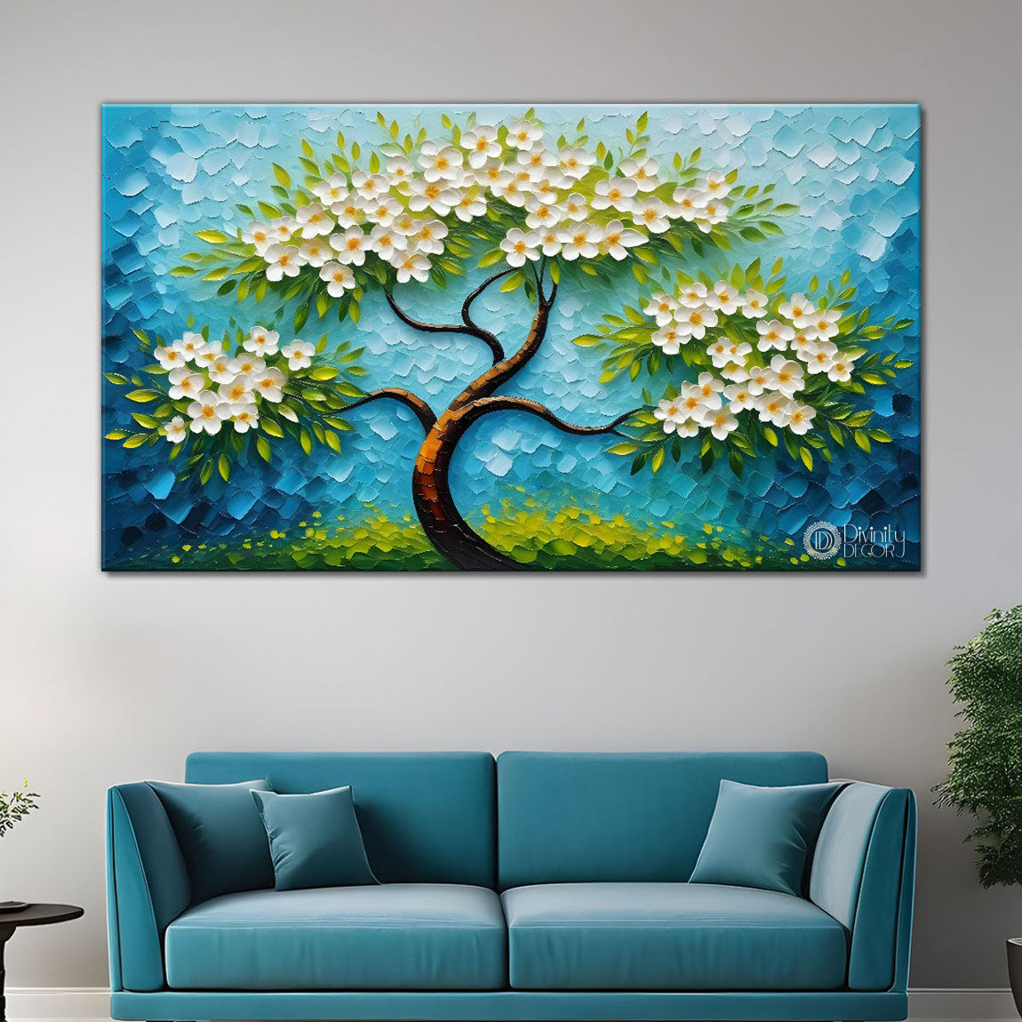 White flower tree in textured background oil painting- Design - Tree-227