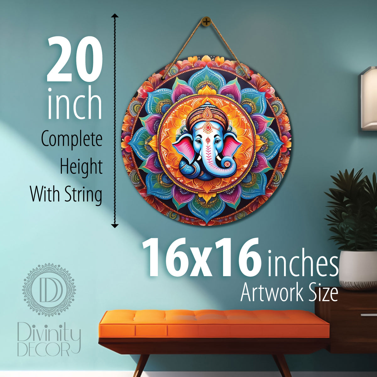 Ganesh Ji in blue and pink mandala Round Wooden Wall Hanging for wall Décor - Design - 227