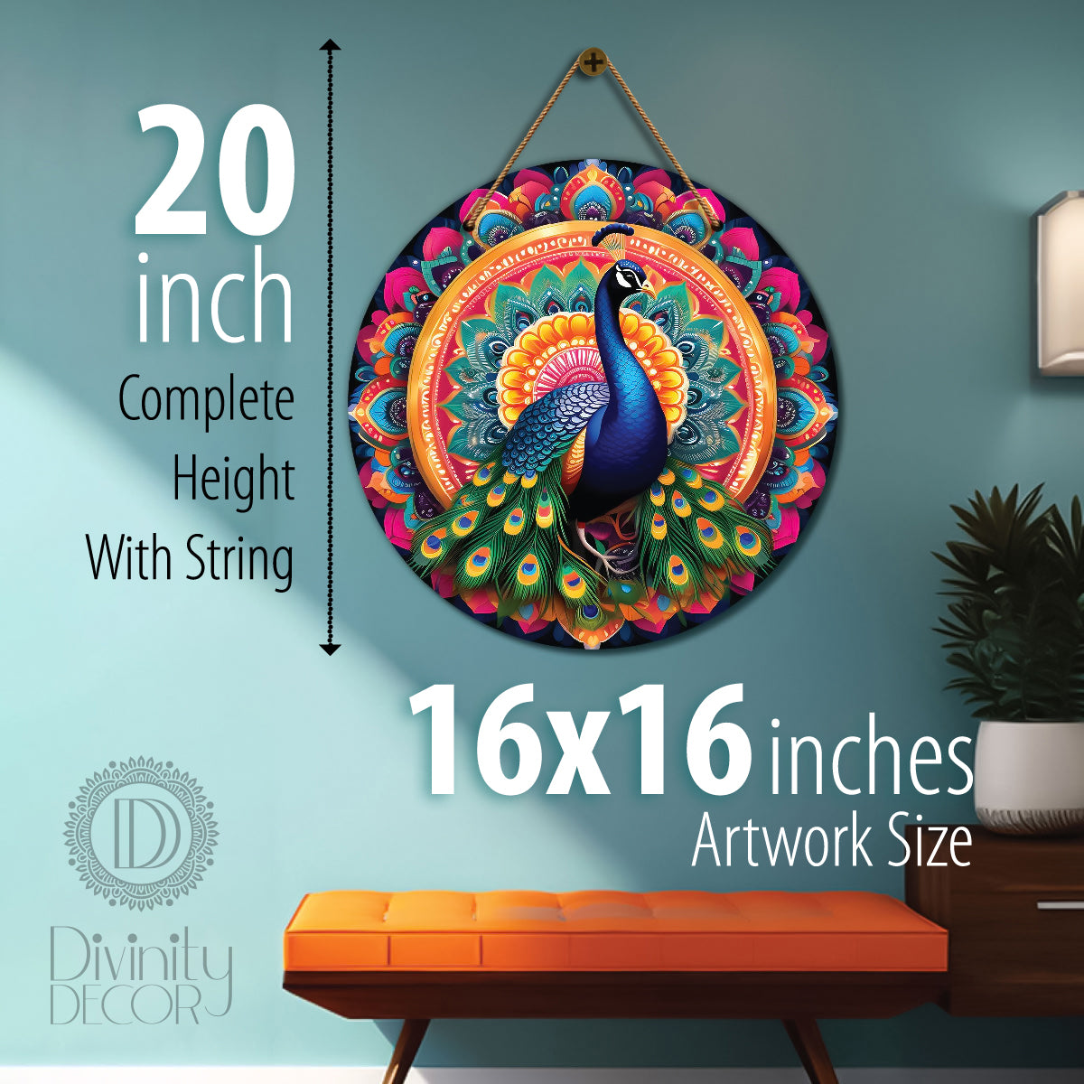 Peacock in orange and pink mandala Round Wooden Wall Hanging for wall Décor - Design - 228