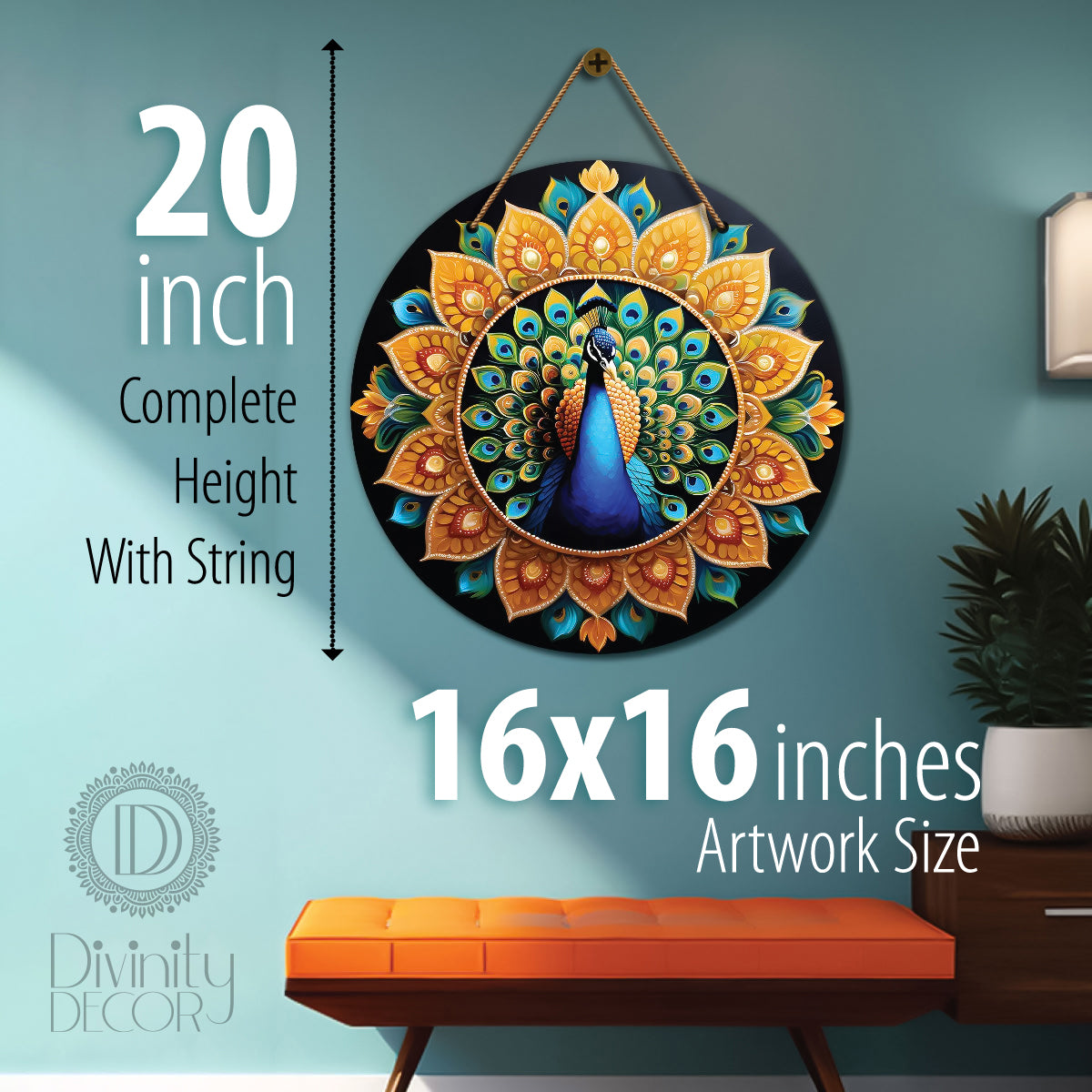 Peacock in green and golden mandala Round Wooden Wall Hanging for wall Décor - Design - 229