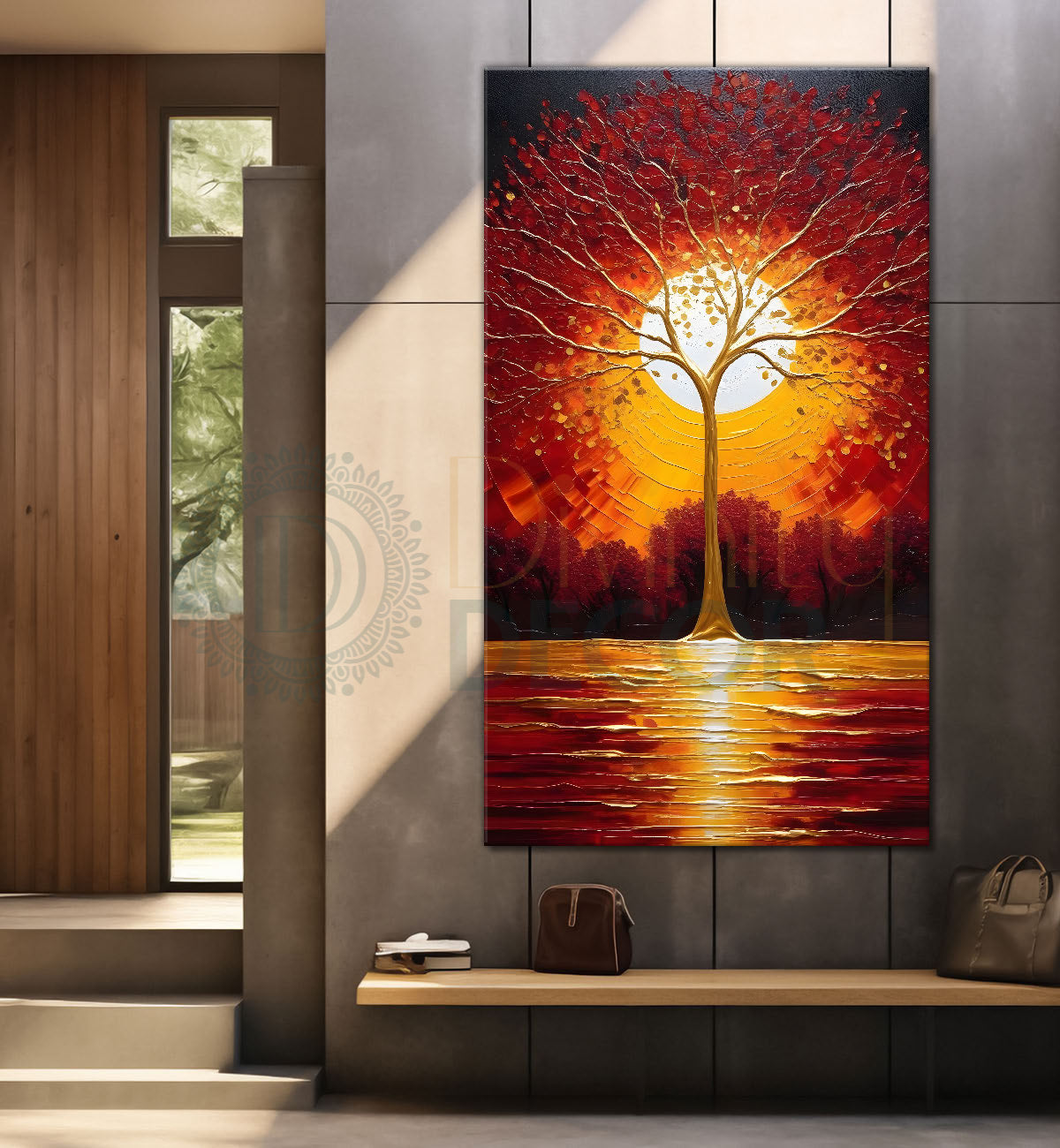 Red textured tree in front of sun with red textured oil painting Canvas painting - Tree-V-22