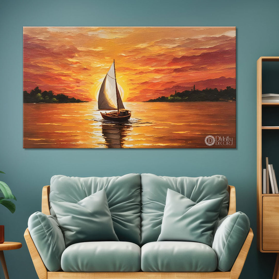 Boat in sea with sunrise background textured modern art canvas painting - Design - River-23