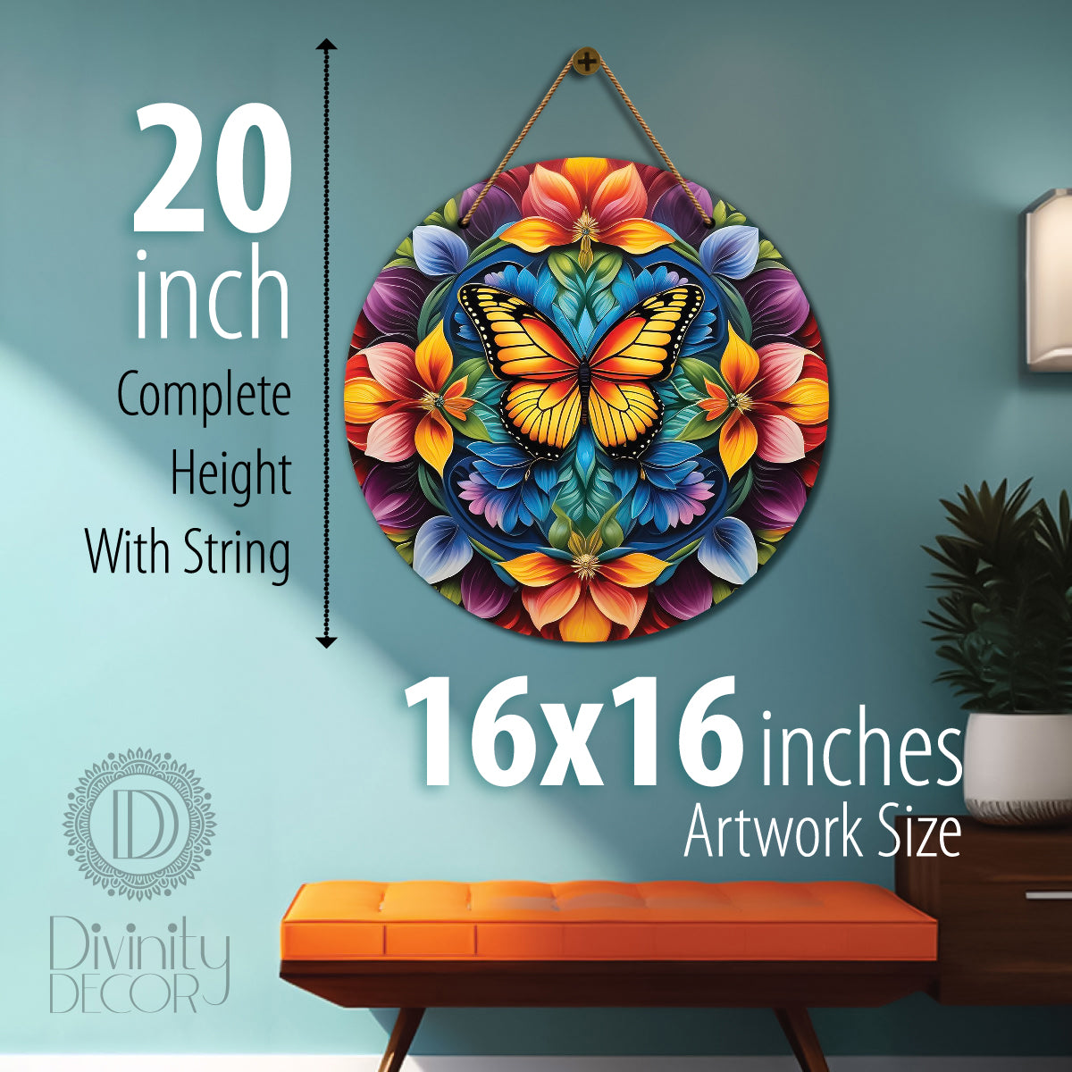 Butterfly in orange and purple mandala Round Wooden Wall Hanging for wall Décor - Design - 231
