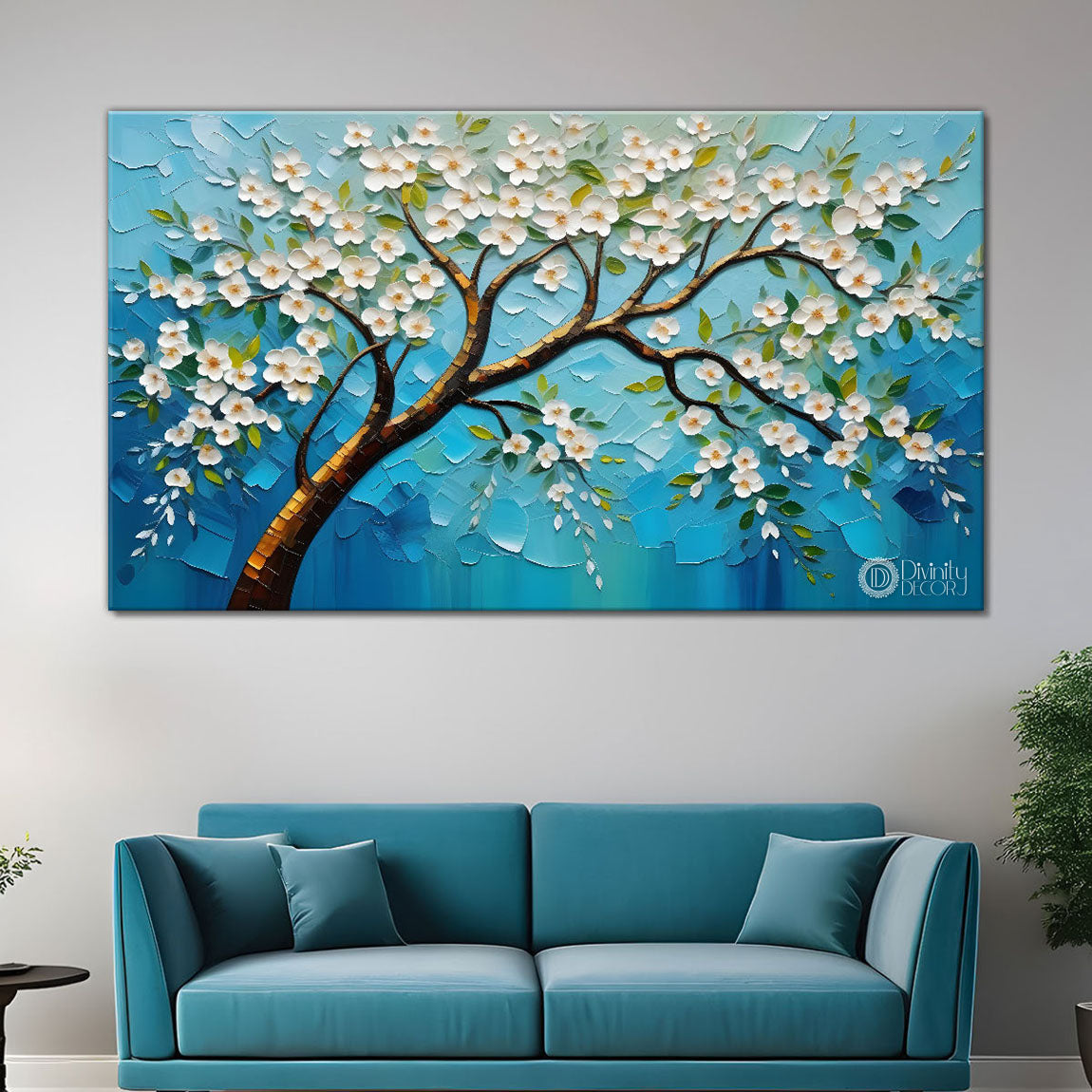 White flower tree in textured background oil painting- Design - Tree-232