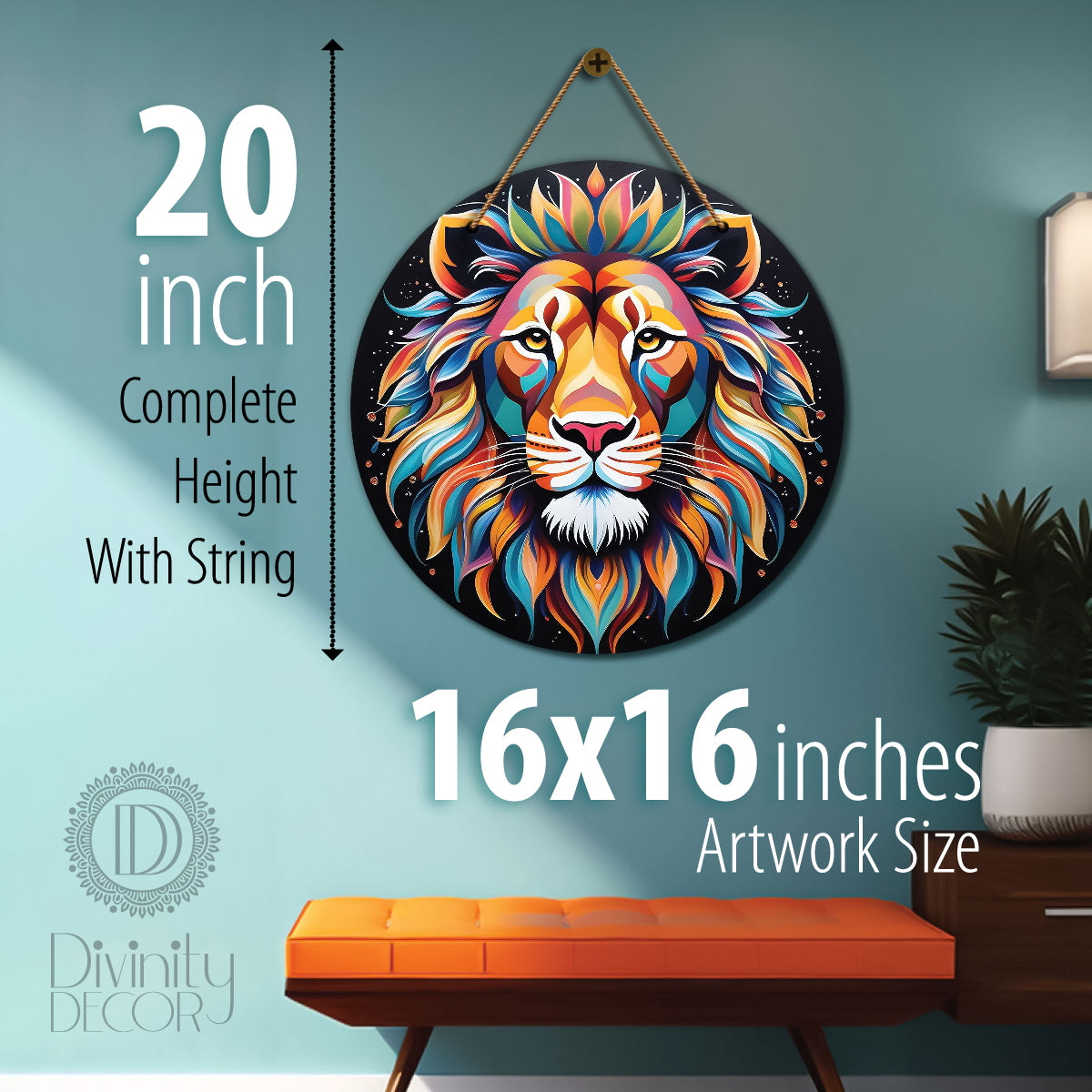 Lion in colours with black mandala Round Wooden Wall Hanging for wall Décor - Design - 232