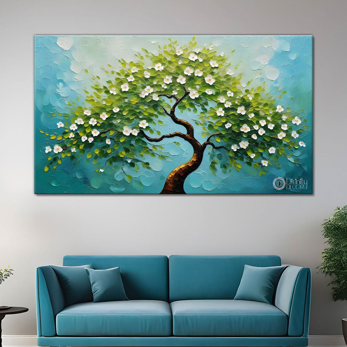 White flower tree in textured background oil painting- Design - Tree-233