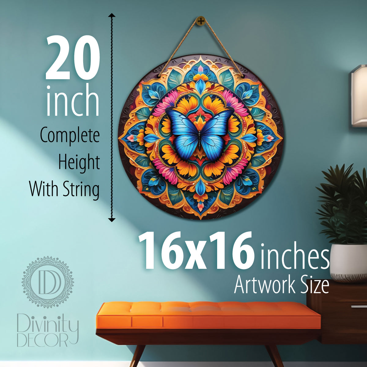 Butterfly in blue and yellow mandala Round Wooden Wall Hanging for wall Décor - Design - 233