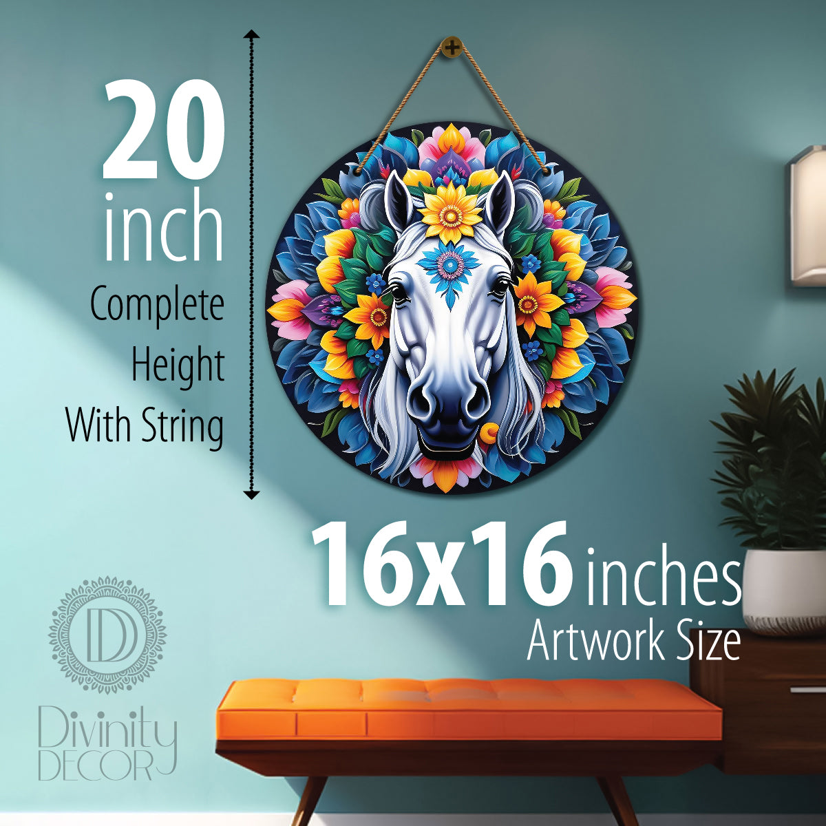 Horse in blue and yellow mandala Round Wooden Wall Hanging for wall Décor - Design - 234