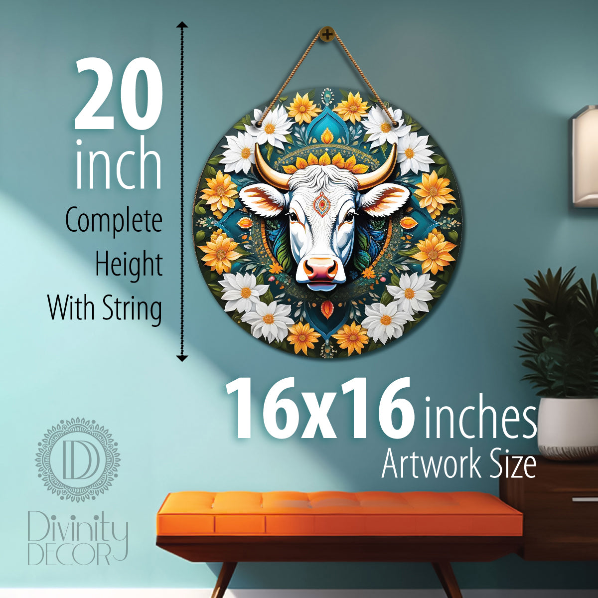 Cow in green and white mandala Round Wooden Wall Hanging for wall Décor - Design - 235