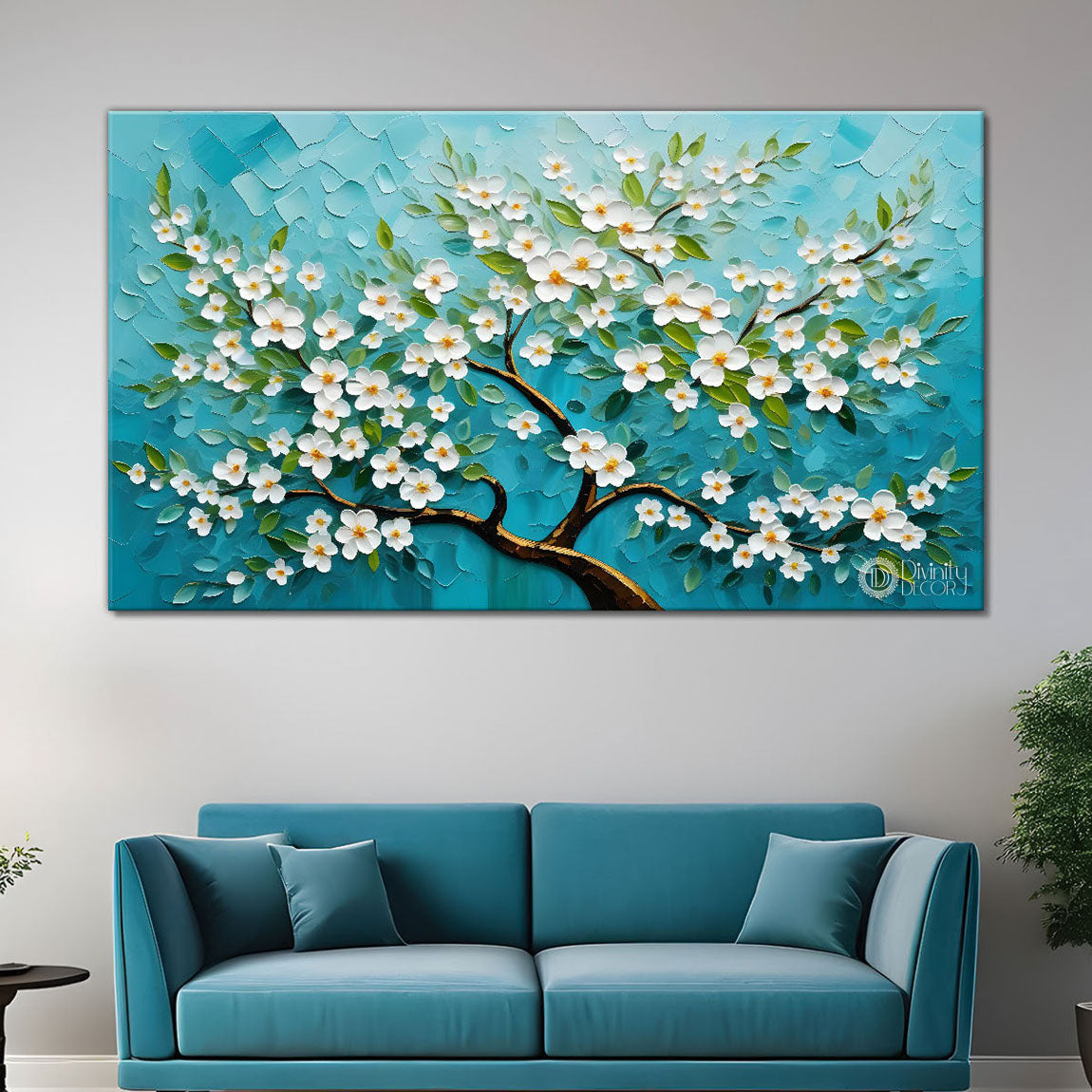 White flower tree in textured background oil painting- Design - Tree-236