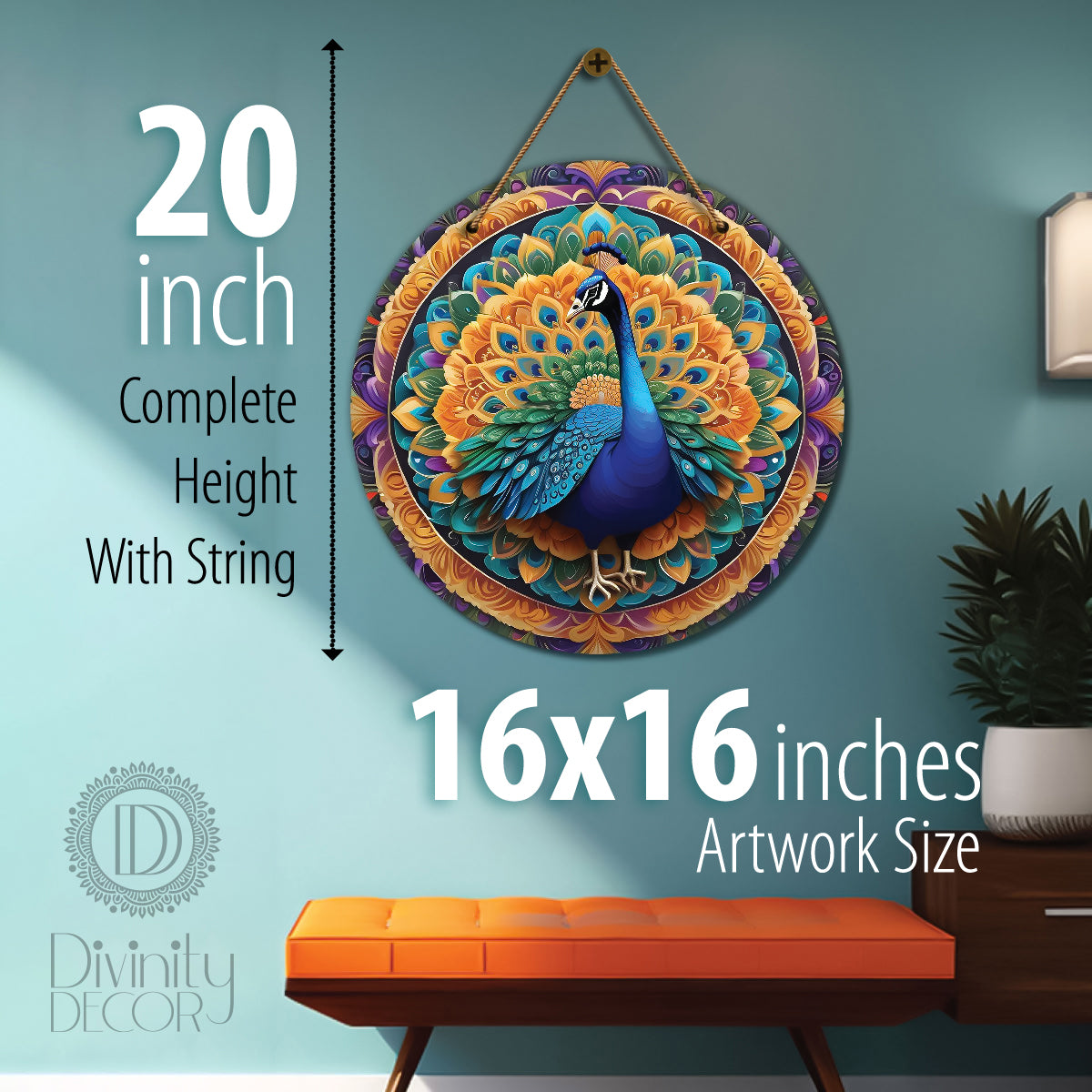 Peacock in green and golden mandala Round Wooden Wall Hanging for wall Décor - Design - 236