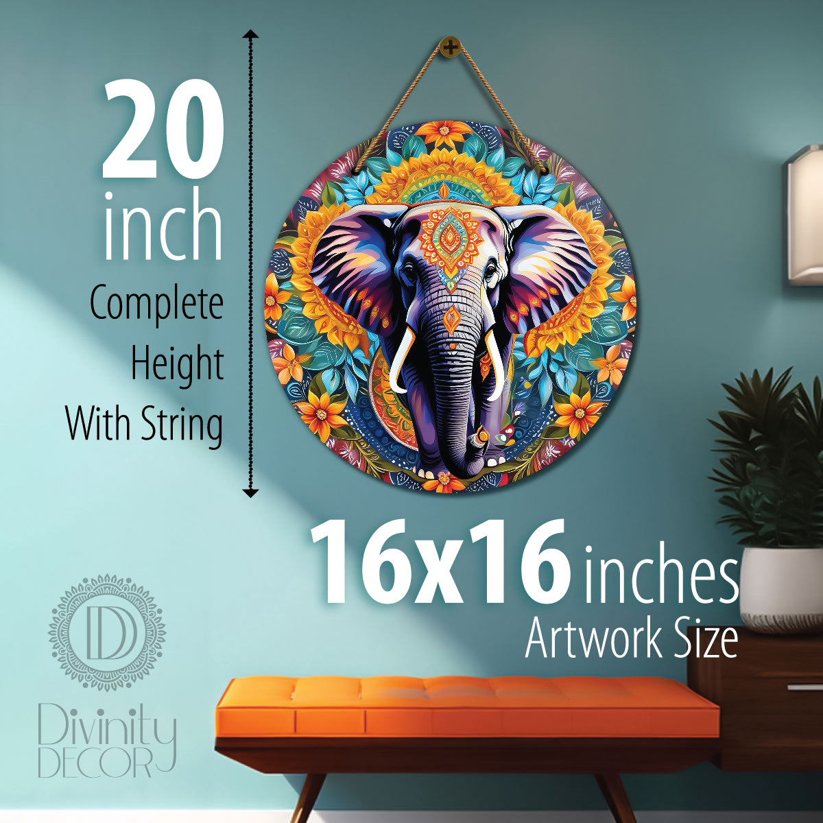 Elephant in green and golden mandala Round Wooden Wall Hanging for wall Décor - Design - 237