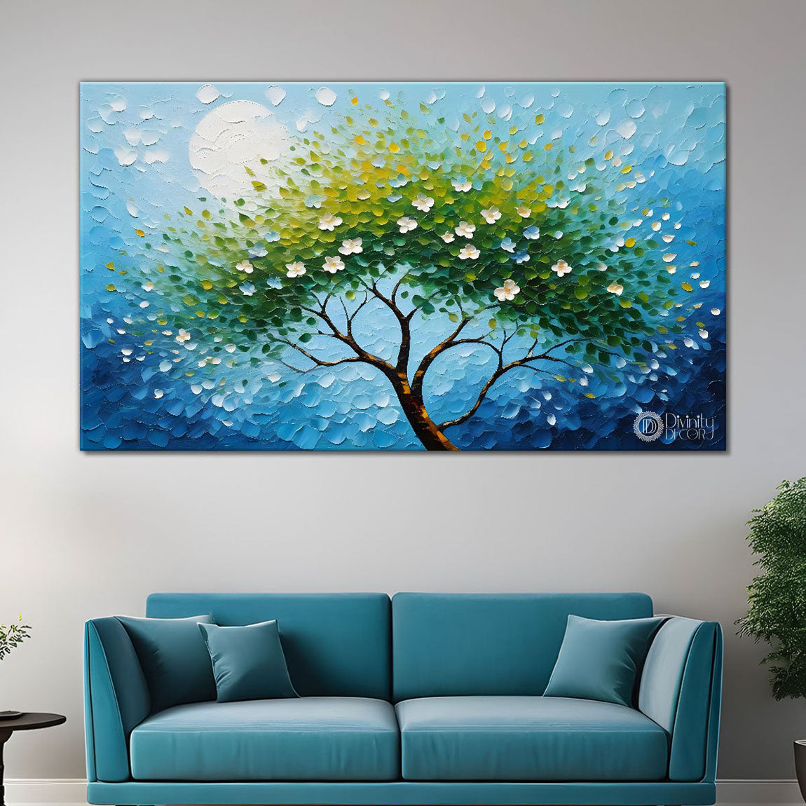 White flower tree in textured background oil painting- Design - Tree-238