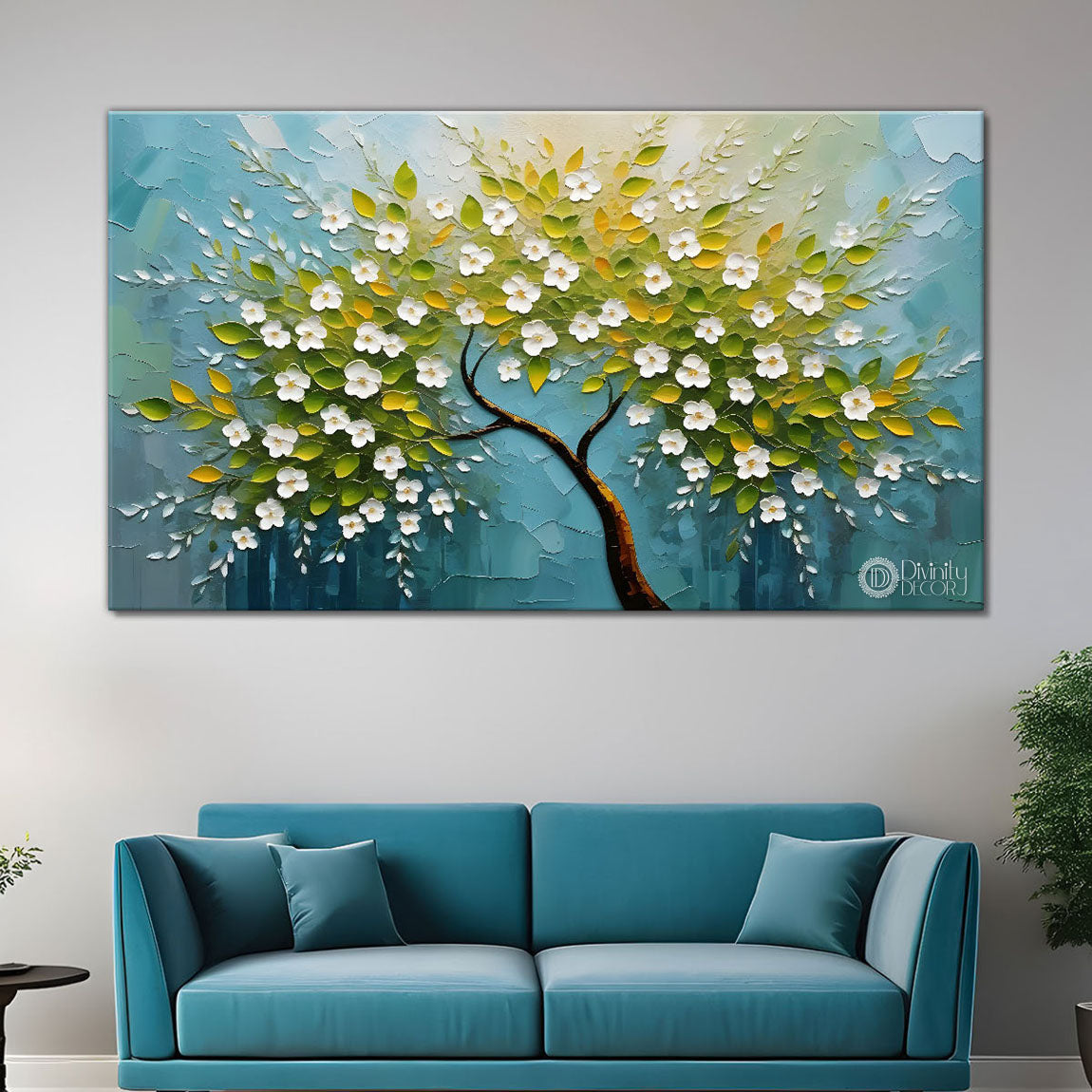 White flower tree in textured background oil painting- Design - Tree-239
