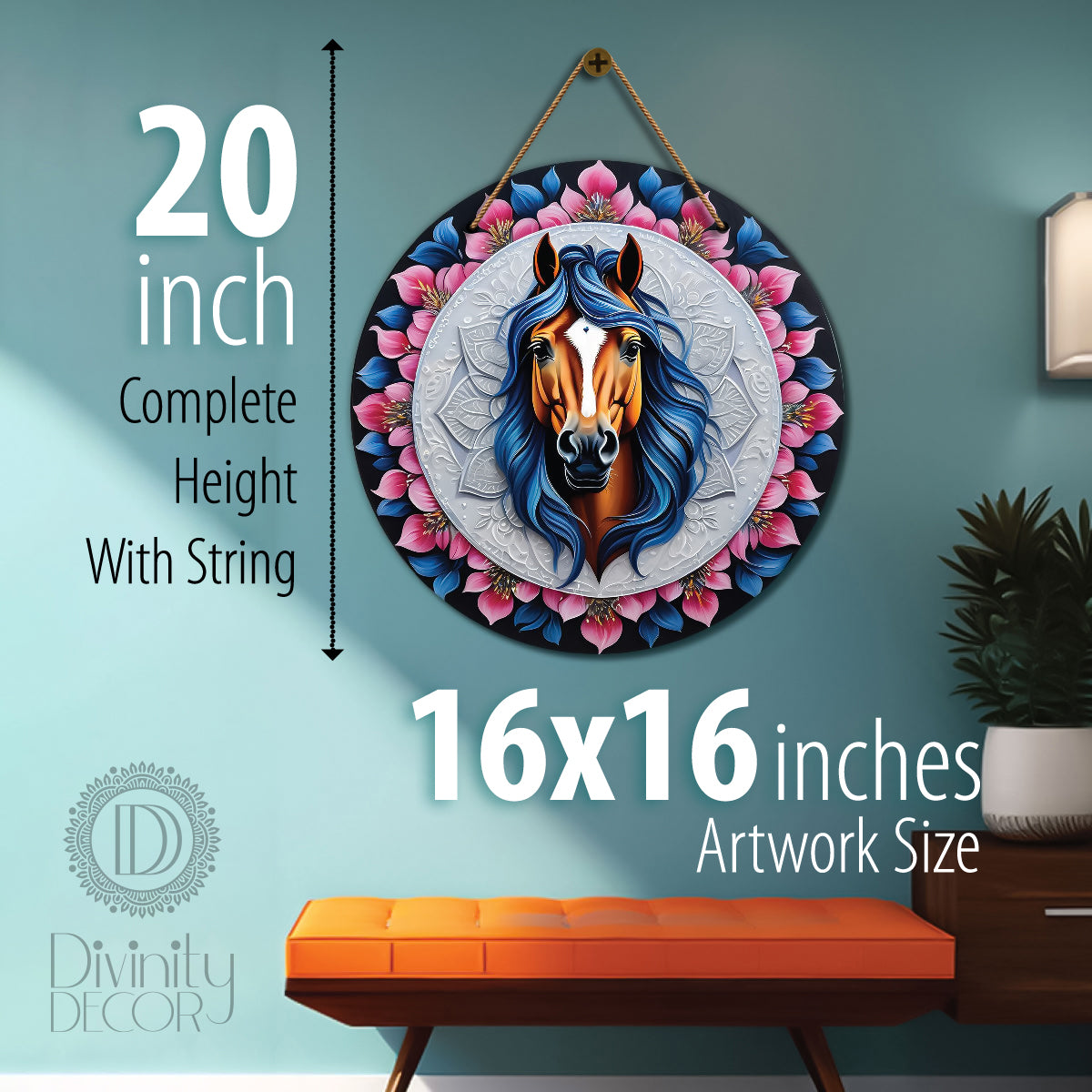 Horse in blue and pink mandala Round Wooden Wall Hanging for wall Décor - Design - 239