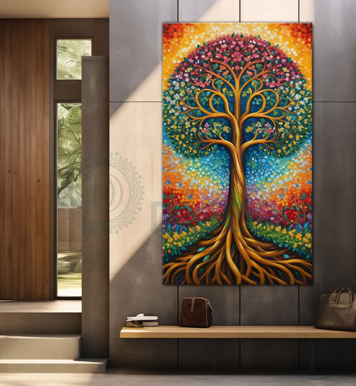Tree with colourful flowers in bright background textured modern art Canvas painting - Tree-V-23