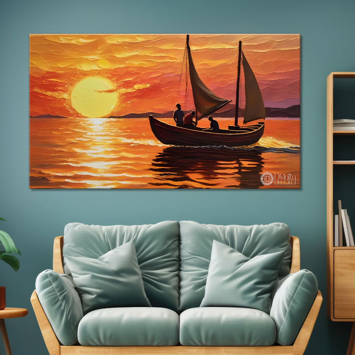 Boat in sea with sunrise background textured modern art canvas painting - Design - River-24