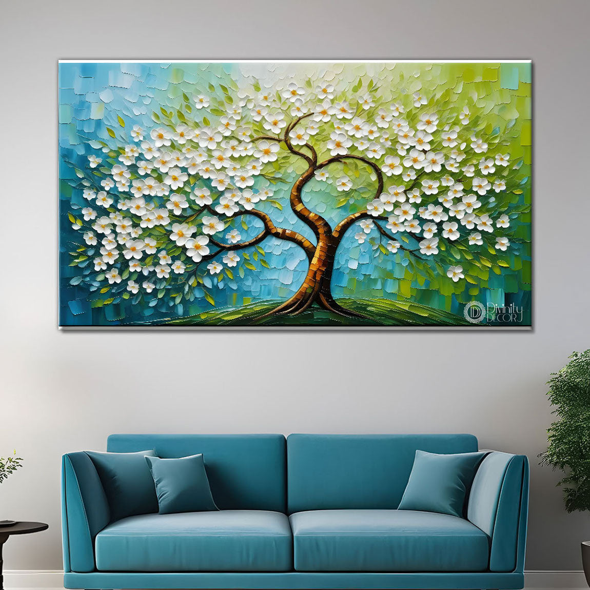 White flower tree in textured background oil painting- Design - Tree-240