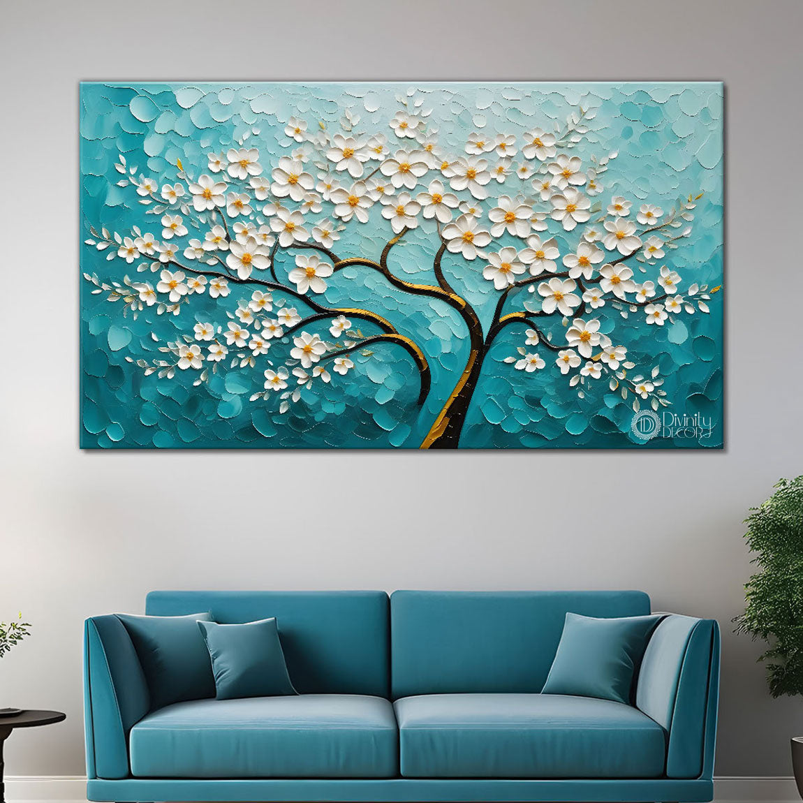 White flower tree in textured background oil painting- Design - Tree-241