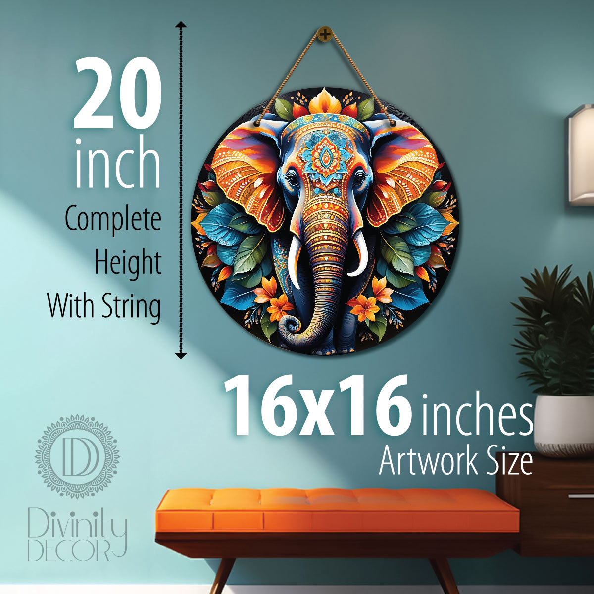 Elephant in blue and yellow mandala Round Wooden Wall Hanging for wall Décor - Design - 241