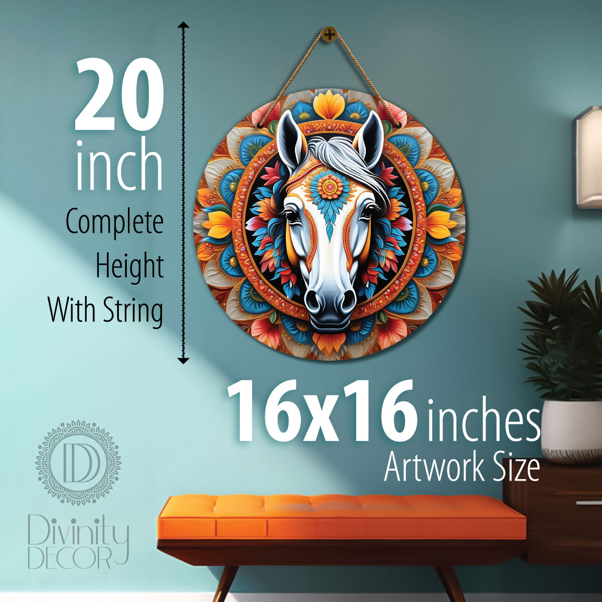 Horse in blue and yellow mandala Round Wooden Wall Hanging for wall Décor - Design - 243