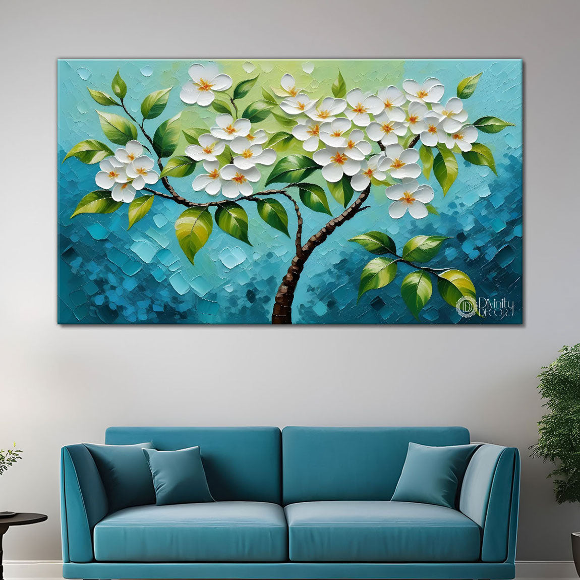 White flower tree in textured background oil painting- Design - Tree-244