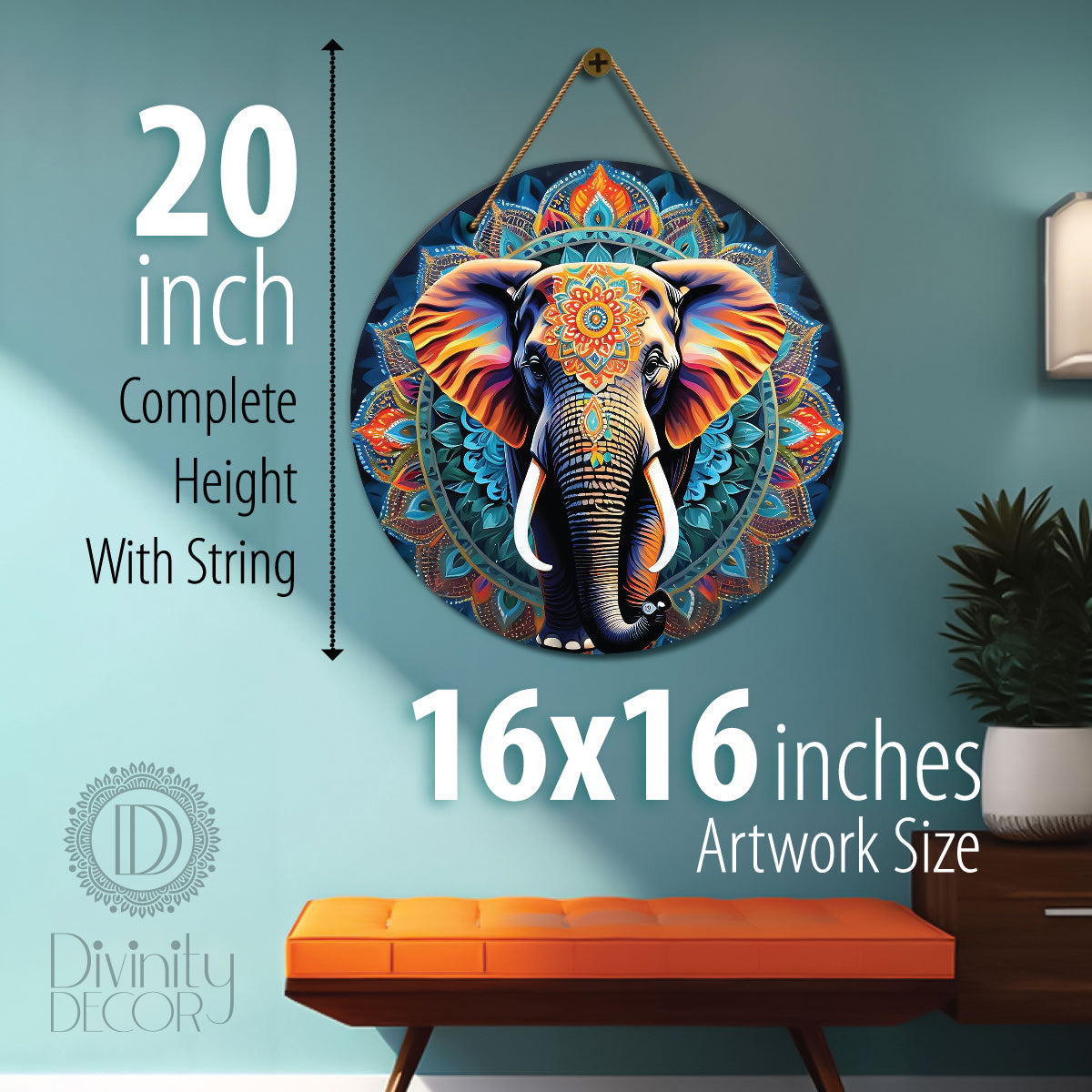 Elephant in blue and orange mandala Round Wooden Wall Hanging for wall Décor - Design - 244
