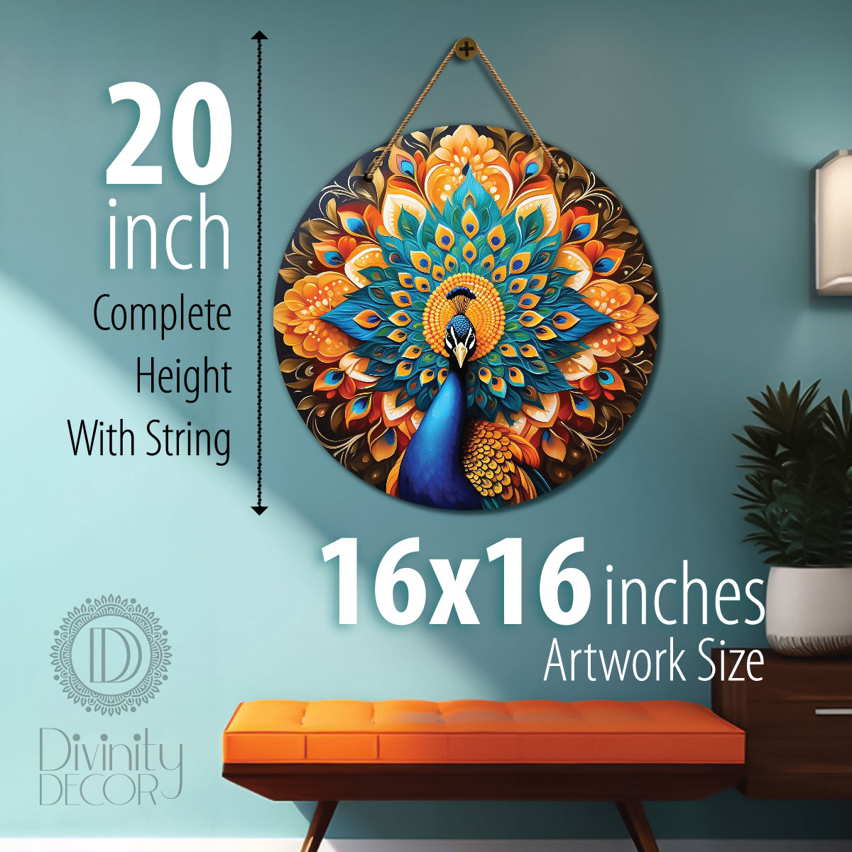 Peacock in green and golden mandala Round Wooden Wall Hanging for wall Décor - Design - 245