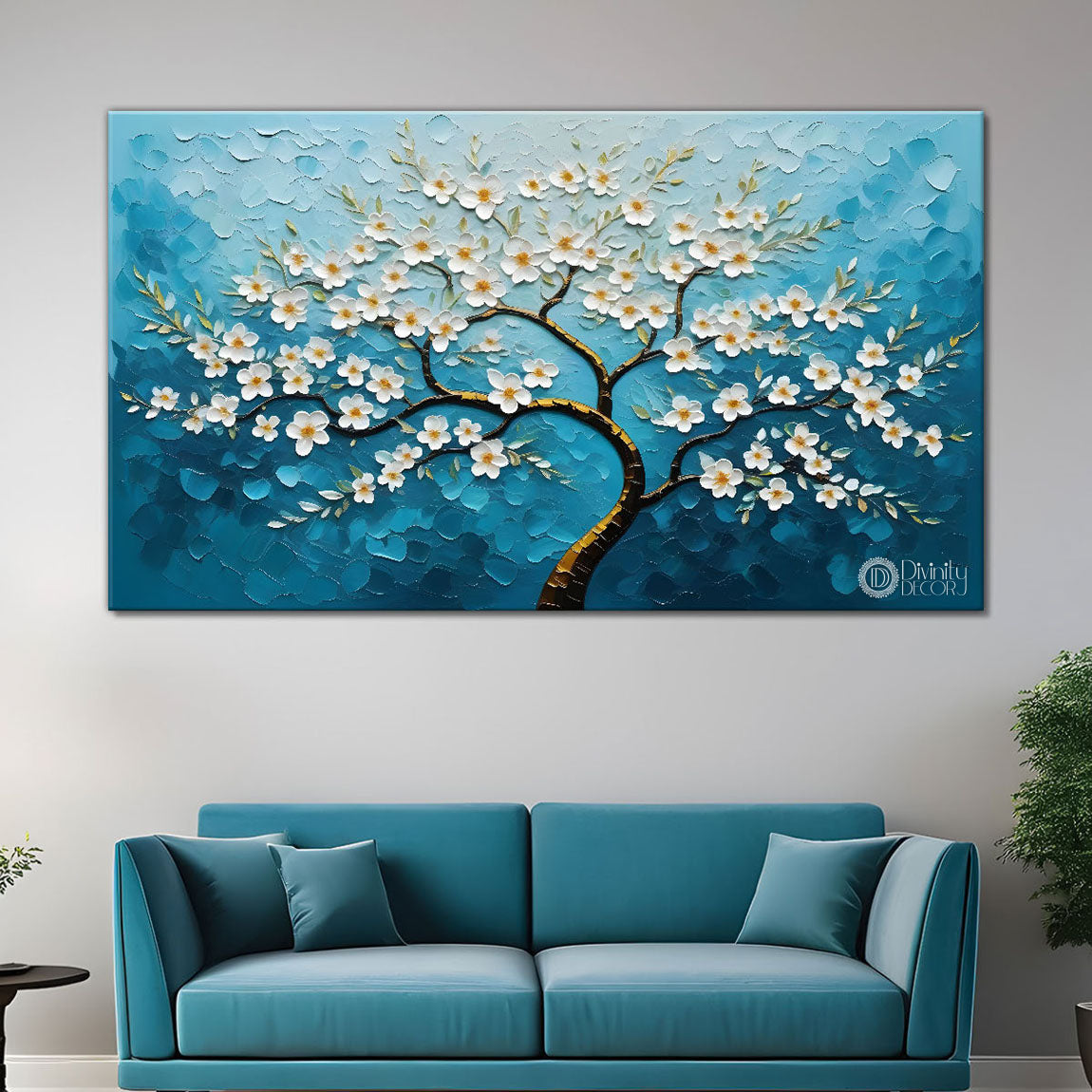 White flower tree in textured background oil painting- Design - Tree-246