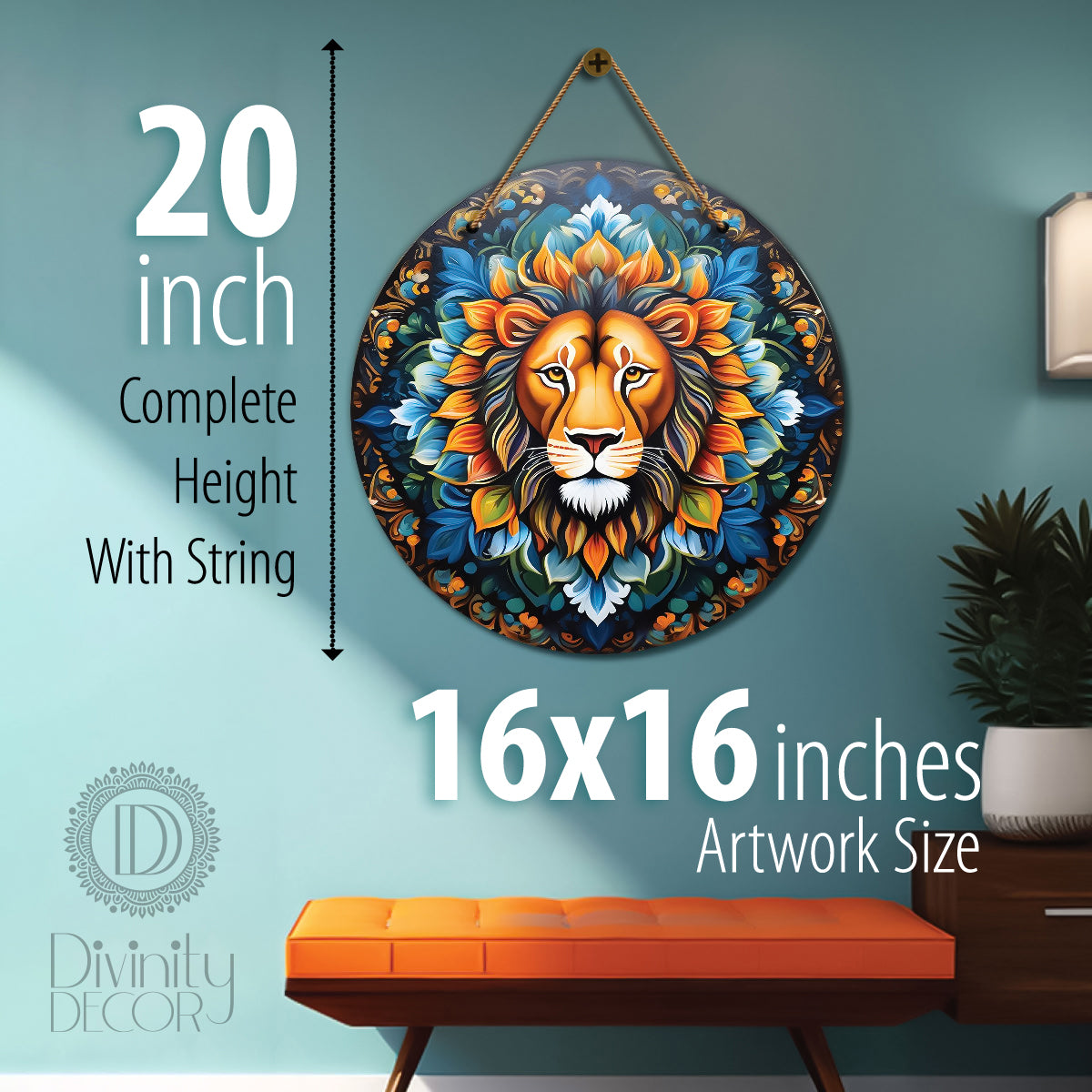 Lion in blue and yellow mandala Round Wooden Wall Hanging for wall Décor - Design - 246