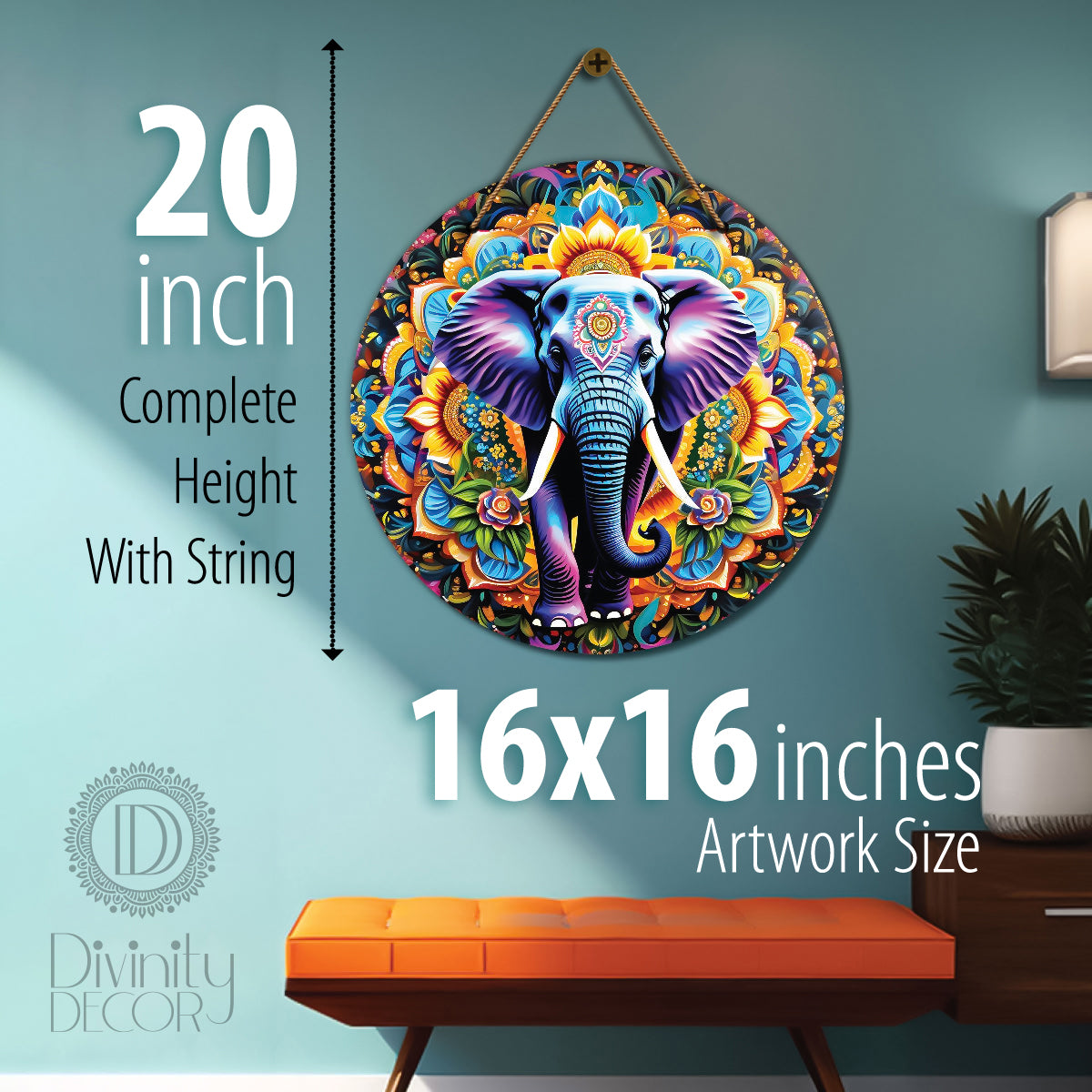 Elephant in blue and purple mandala Round Wooden Wall Hanging for wall Décor - Design - 247