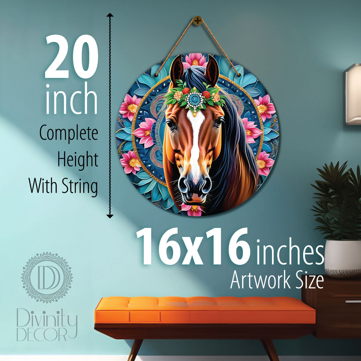 Horse in blue and purple mandala Round Wooden Wall Hanging for wall Décor - Design - 248