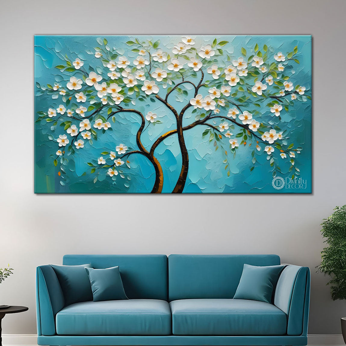 White flower tree in textured background oil painting- Design - Tree-249