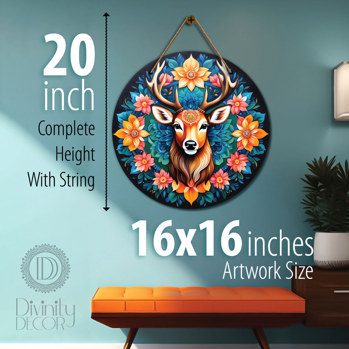 Deer in blue and orange mandala Round Wooden Wall Hanging for wall Décor - Design - 249