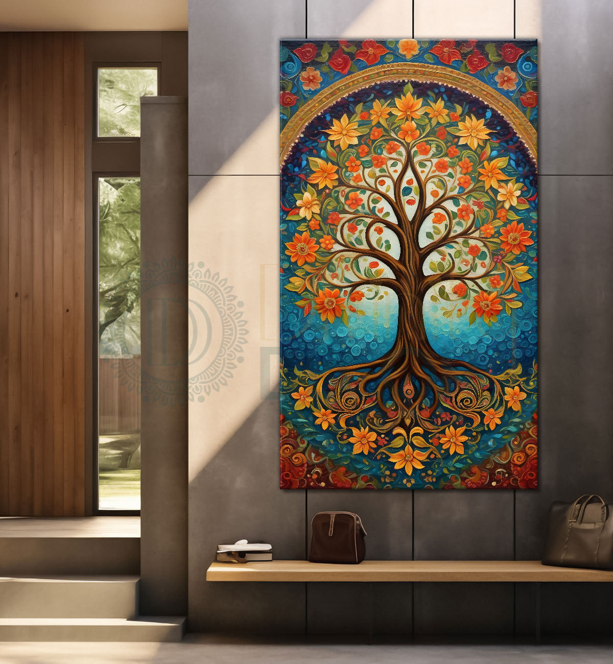Tree with colourful flowers in bright background textured modern art Canvas painting - Tree-V-24