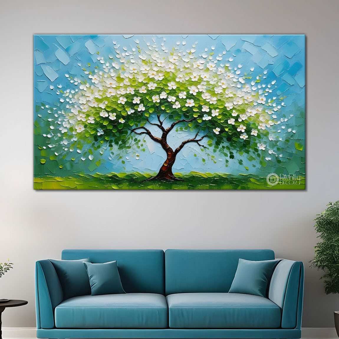 White flower tree in textured background oil painting- Design - Tree-250