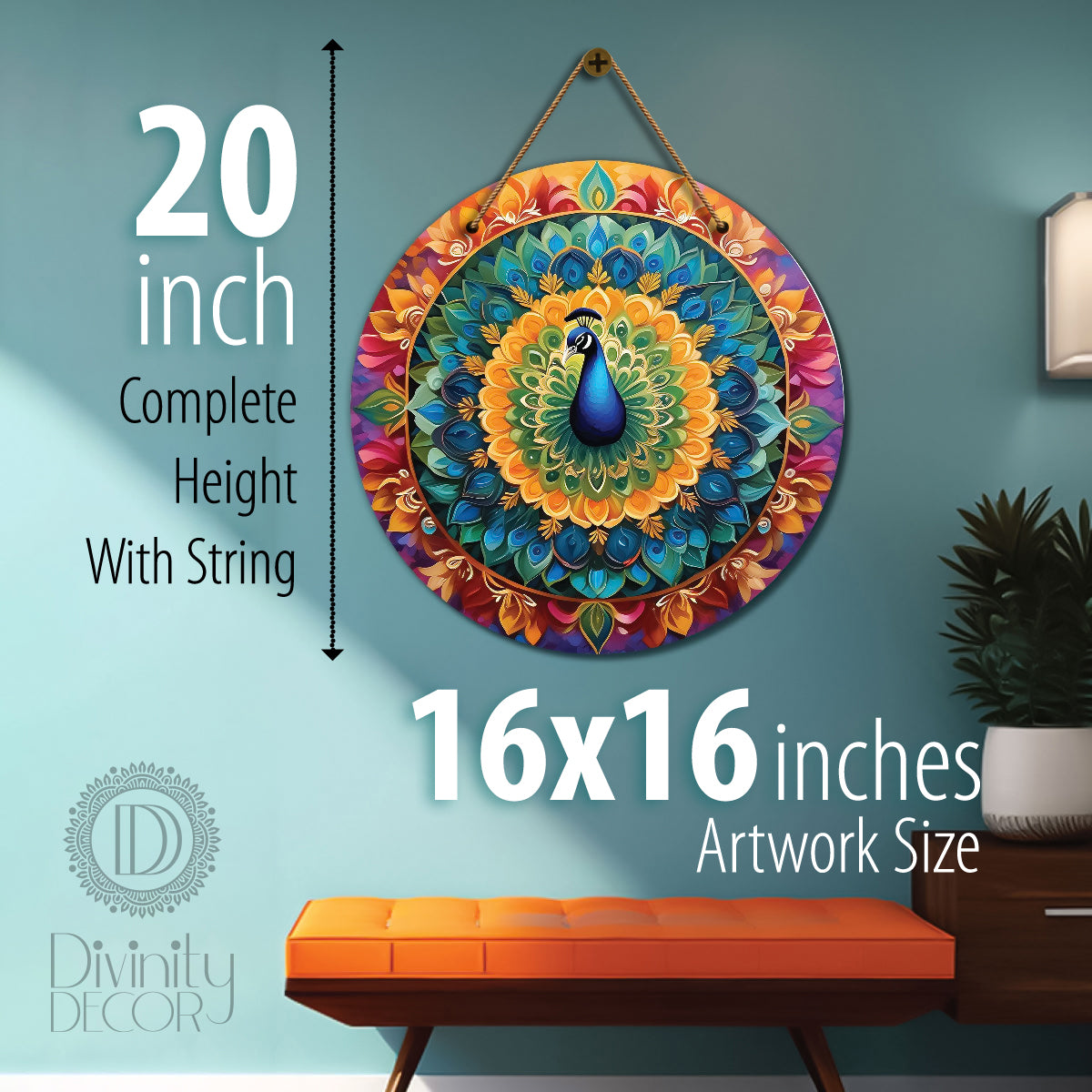 Peacock in green and purple mandala Round Wooden Wall Hanging for wall Décor - Design - 250