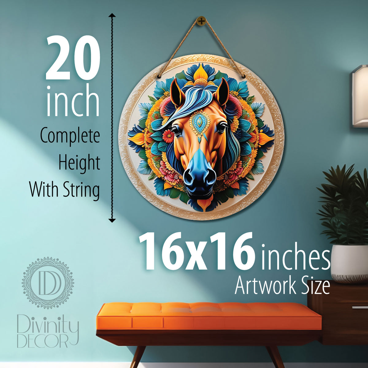 Horse in green and orange mandala Round Wooden Wall Hanging for wall Décor - Design - 251