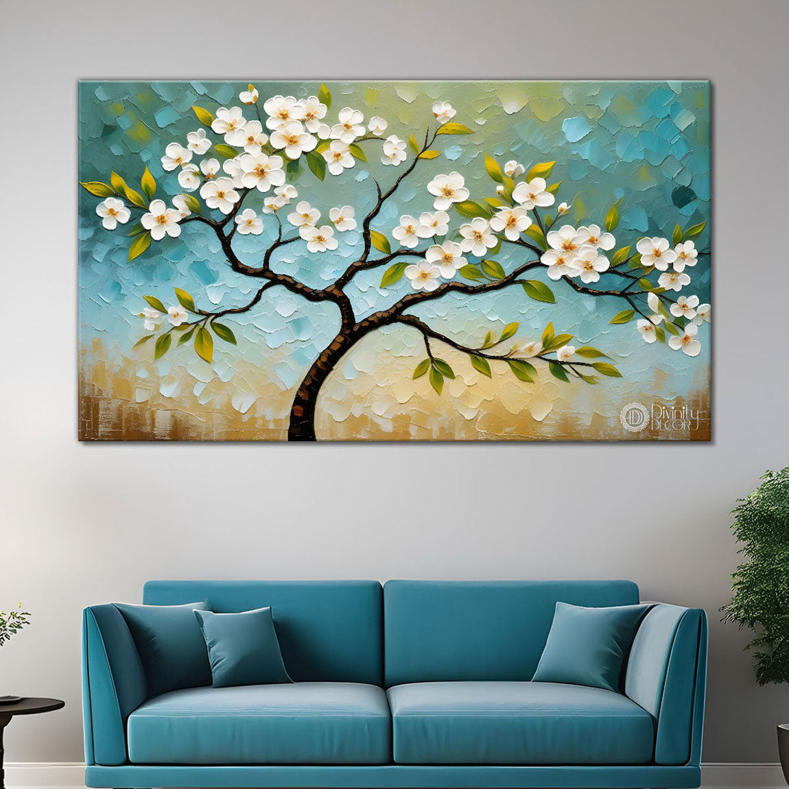White flower tree in textured background oil painting- Design - Tree-252