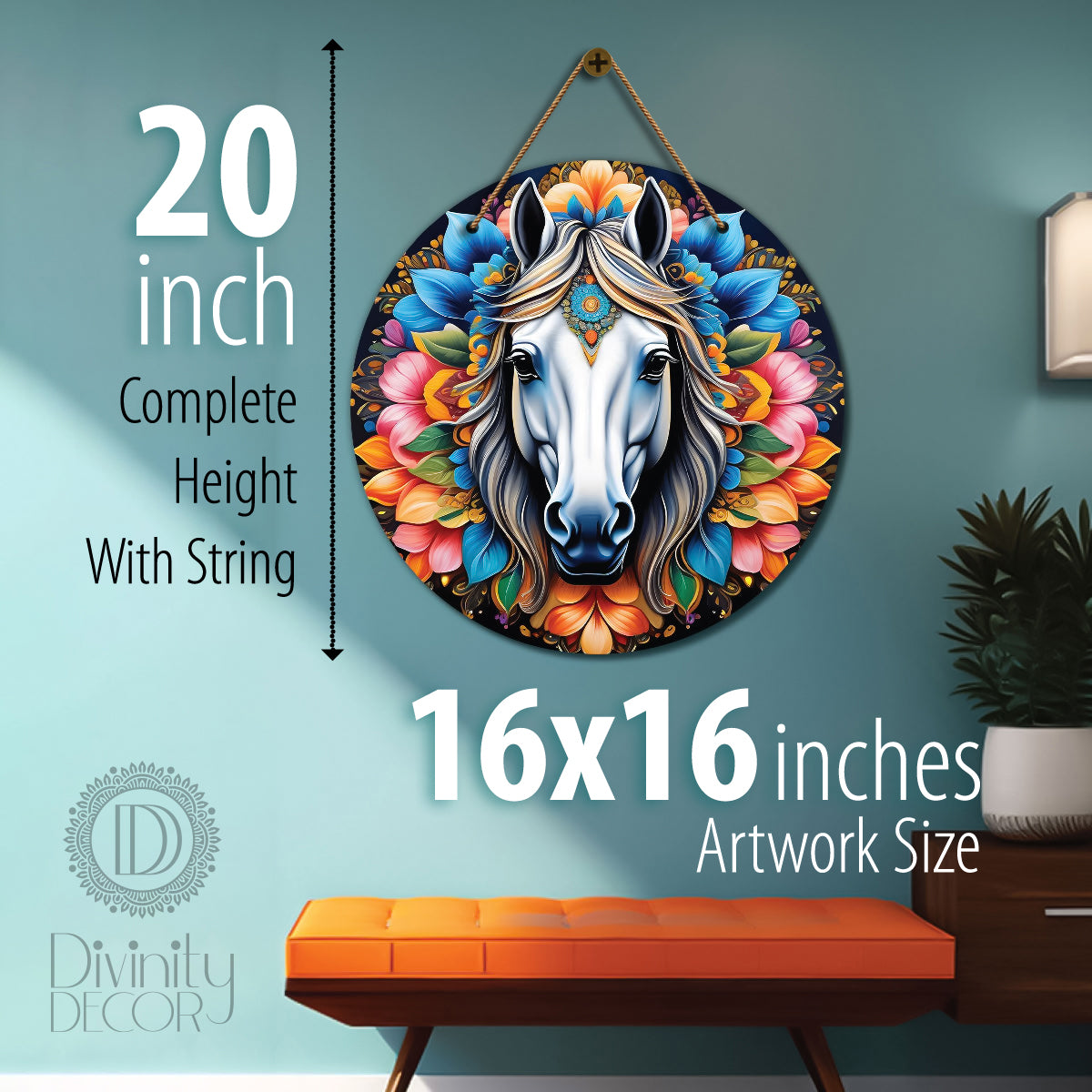 Horse in blue and orange mandala Round Wooden Wall Hanging for wall Décor - Design - 252
