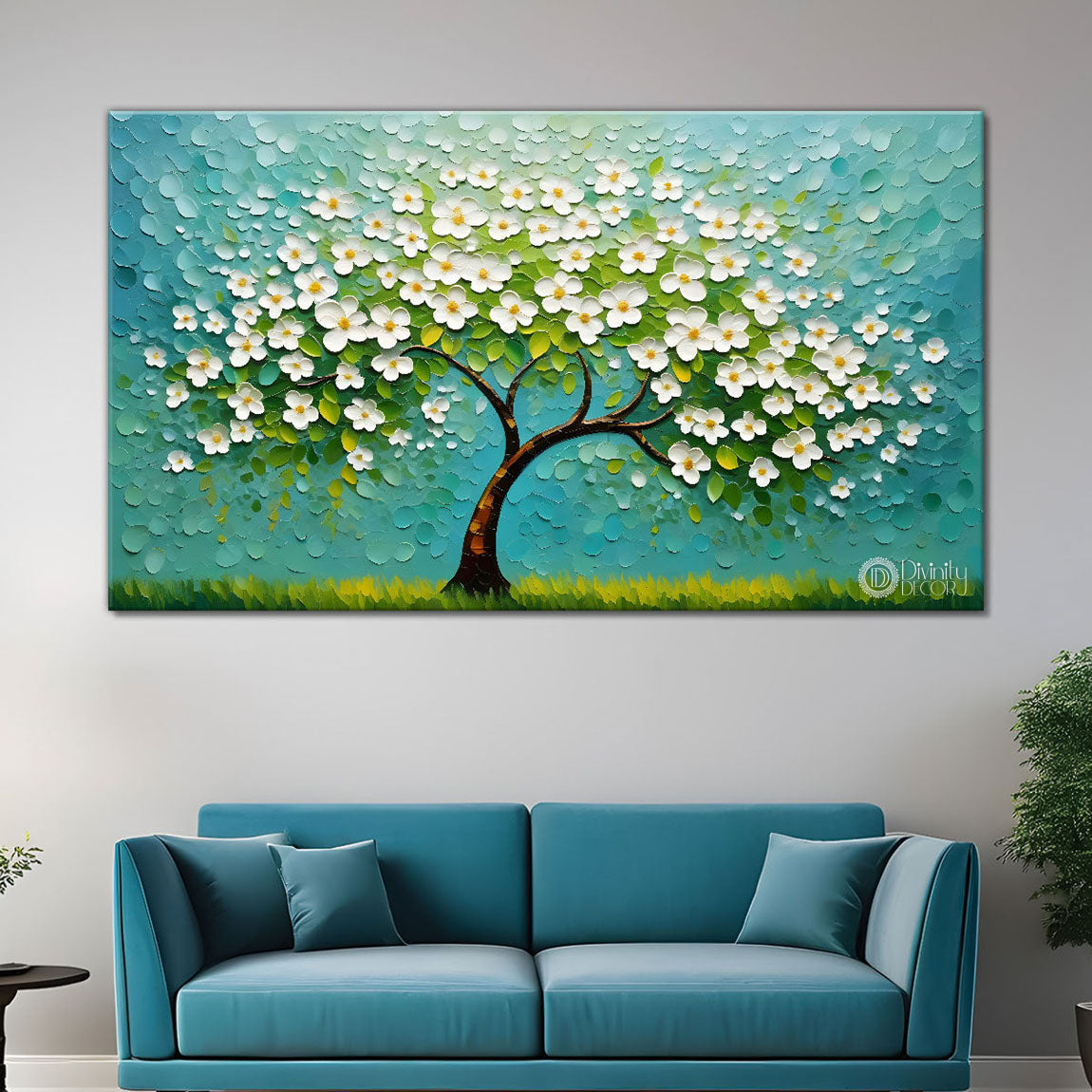 White flower tree in textured background oil painting- Design - Tree-253