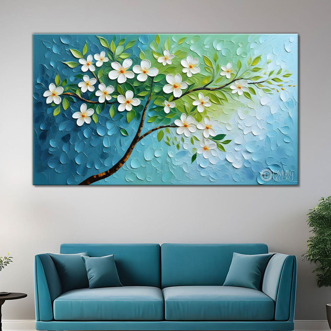 White flower tree in textured background oil painting- Design - Tree-254