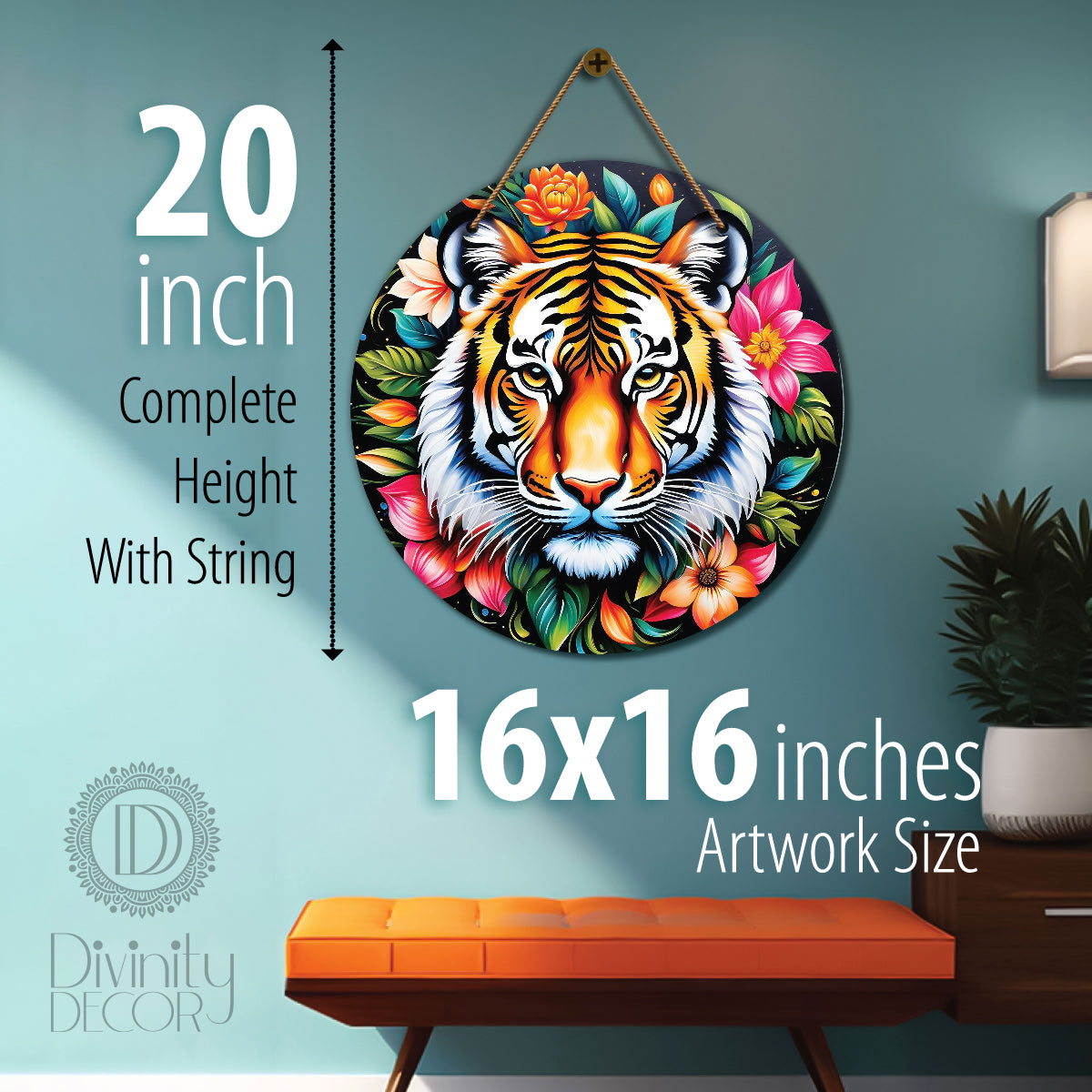 Tiger in green and pink mandala Round Wooden Wall Hanging for wall Décor - Design - 254